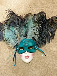 ardi gras Porzellan Türkis Gesichtsmaske mit Federn - Bild 1 von 2