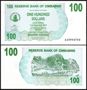 ZIMBABWE 100 Dollars BEARER CHEQUE Prefix AA 2006 P-42 UNC Uncirculated - Picture 1 of 1