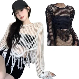 Korean Style Long-sleeved Sexy Hole Sweater Tassel Hem Loose Pullover Sweater - Picture 1 of 10
