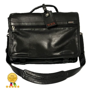 Tumi ALPHA BRAVO Leather Expandable 15.5" Laptop Briefcase Messenger Bag - BLACK - Picture 1 of 18