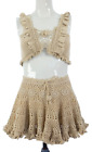 Ibiza Crochet Top Skirt Mini Beach Set Beige Cotton Ruffle Trim Crop  XS