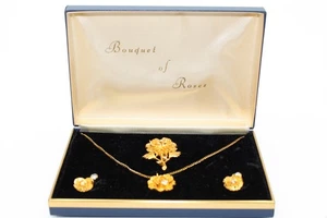 Vintage 'Bouqet of Roses' Gold-Tone Costume Jewelry Set Necklace Brooch Earrings - Picture 1 of 7