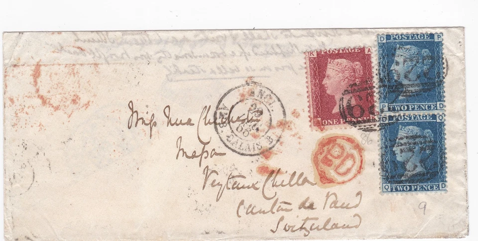1866 QV 1d RED + PAIR 2d BLUE STAMPS ON COVER 5d FRANKING TO SWITZERLAND - Изображение 1 из 3