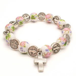 Lindo Pulsera Elástica con Cuentas de Cerámica de Flor San Benito Medalla - Imagen 1 de 6