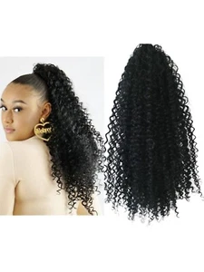 Black long curly afro 26" long drawstring ponytail hair piece extension - Picture 1 of 4
