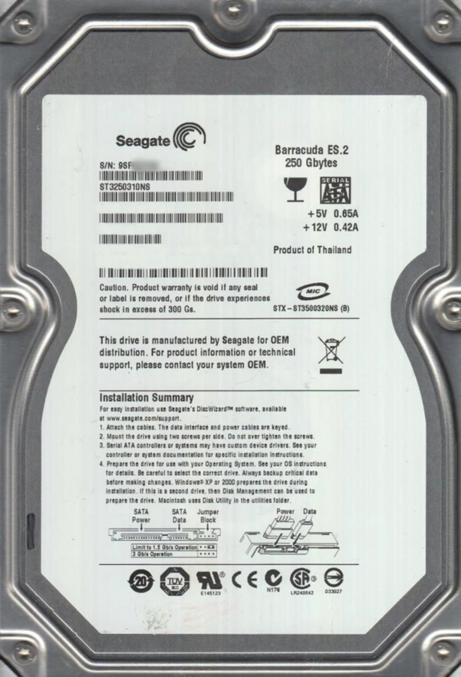 250 GB SATA Seagate Barracuda ES.2 ST3250310NS 7200RPM 32MB HDD 3.5" Hard Drive - Image 1 of 1