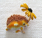 Hedgehog Brooch Pin Yellow with Yellow Flower Enamel over Metal