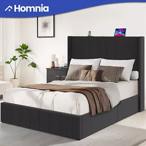 Queen Size Bed Frame Hydraulic Storage Upholstered Platform with Charging Port - Picture 1 of 11
