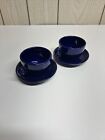 Set Of Two Cobalt Blue Tea Cups Saucer Espresso EUC Stoneware Cute Fast Shipping