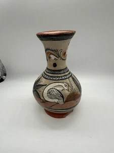 Tonala Pottery Vase Hand Painted Bird  Floral Vtg Mexican Folk Art Signed- Chip - Picture 1 of 12