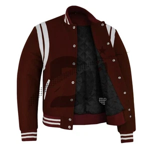 Varsity Bomber Baseball Teddy Maroon Wool & White Leather Strips Stylish Jacket - Picture 1 of 6