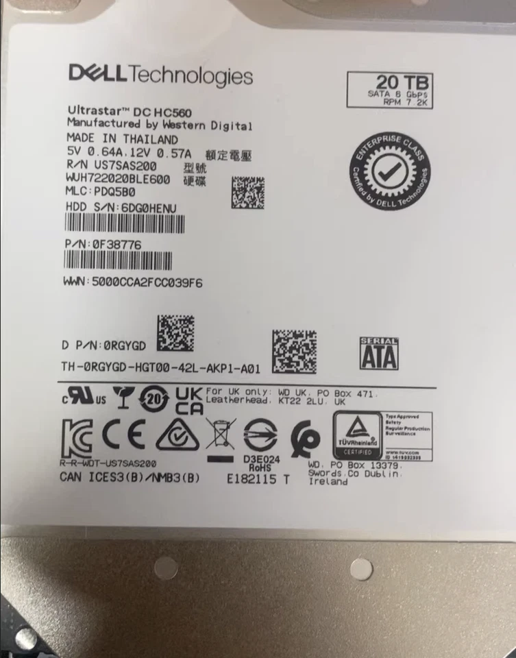 KIT DELL WDVF4 SATA 20TB 3.5" 7200RPM 6Gb/s HDD 14G 15G 16G Foto 1 de 1