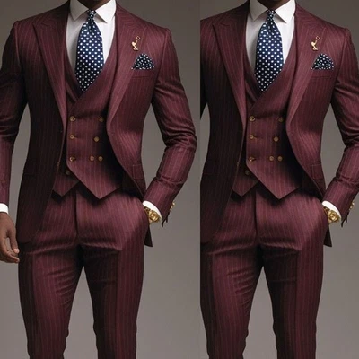 Mens Suits Striped Sets 3pcs Business Regular Fit Peak Lapel Jacket Vest Pants - Image 1 of 4