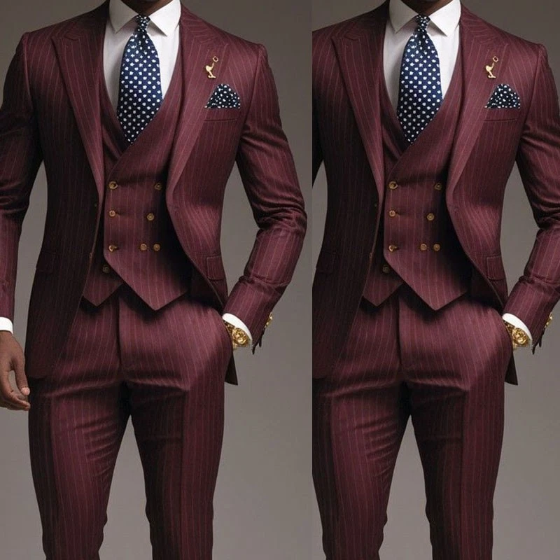 Mens Suits Striped Sets 3pcs Business Regular Fit Peak Lapel Jacket Vest Pants - Image 1 of 4
