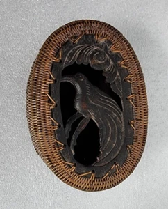 Indonesian Lombok Wood Woven Trinket Rattan Basket Box Wood Bird Carving - Picture 1 of 8