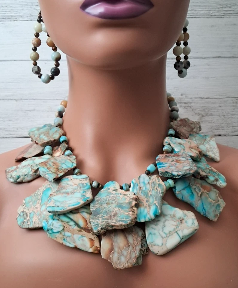 Impression Jaspe Azul Marrón Losa Amazonita Ojo de Tigre Enorme Doble Hilo 273G Foto 1 de 4