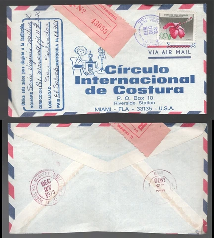 1970 El Salvador Registered Cover to USA. Carnation Flower Cover