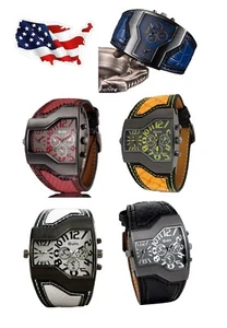 OULM Mens Casual Quartz Watches Dual Time Big Face Wide Leather Band Watch - Picture 1 of 18