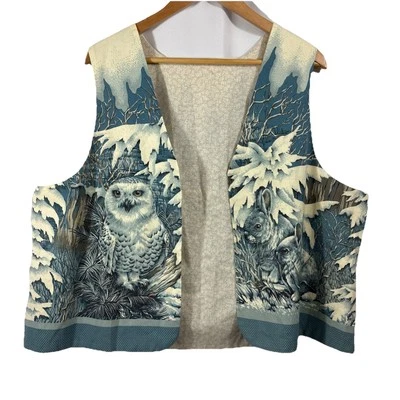 VTG Handmade Vest Women XL Winterscape Owl Rabbit Wolf Cat Bear Elk  Art To Wear - Image 1 of 4