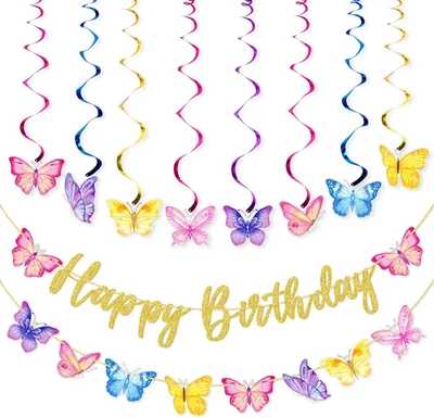 Decoraciones de fiesta de mariposas, remolinos colgantes de mariposas y pancarta de cumpleaños, trasero Foto 1 de 4