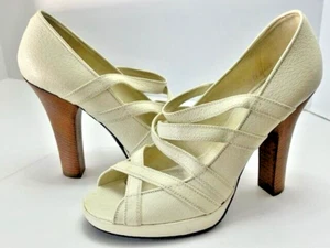 VINTAGE Louis Vuitton Ivory Cream Leather Strappy Platform Pumps Heels Sz 38.5 8 - Picture 1 of 17