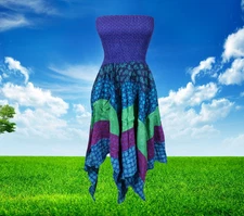 Women’s Summer Patchwork Dress, Blue 2 IN 1 Maxi Skirt Hippie Dress Cotton S/M