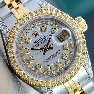 Rolex Ladies Datejust 18KY Gold & Steel Watch White MOP Dial Diamond Bezel w/BOX - Picture 1 of 23