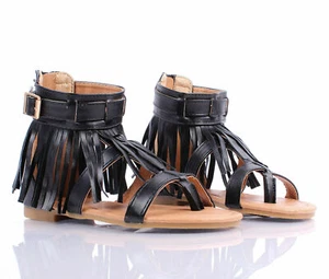 Black Color Faux Leather Fringe Ruffle Design Gladiator Shaft Zip Womens Sandals - Picture 1 of 8