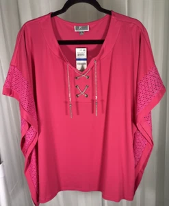 JM COLLECTIONROSE PINK SILVER chain Top Blouse Tunic XL NEW NWT BOX STYLE LACE - Picture 1 of 12