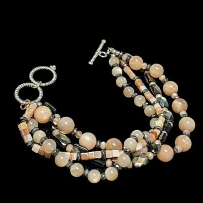 NEW Genuine Peach Moonstone & Mother of Pearl & Hematite Bracelet w Silver Clasp - Image 1 of 4
