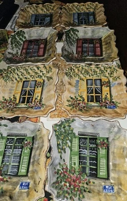 Set Of 8 Rue de Paris Shutter Window/Flower Theme Hand Painted Curve Edge Plates - Image 1 of 4