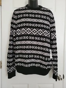 William Rast 100% Cotton Geometric Fair Isle Crewneck Sweater Black White L NWT - Picture 1 of 5