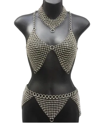 Medieval Fantasy Aluminium Chainmail Crop Halter Bra Mini Skirt/Belt & Necklace - Image 1 of 4