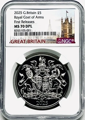 2025 GREAT BRITAIN 5PD NGC MS70 DPL COAT OF ARMS FIRST RELEASES SCARCE TOP GRADE - Image 1 of 2
