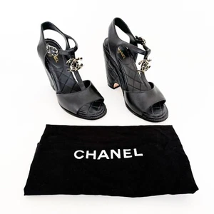 Chanel CC Chain Wedge Sandals EU 37.5 US 6.5-7 Black Quilted Leather High Heel - Picture 1 of 14