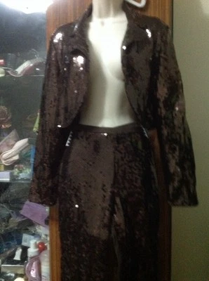 Nuevo con etiquetas Pantalón de lentejuelas de spandex marrón y chaqueta de solapa para cubrir por Joseph Ribkoff S 8 Foto 1 de 4