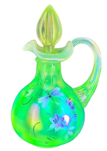 Fenton 2001 Lily Trail on Topaz Opalescent Satin Cruet Historic Collection Glows - Picture 1 of 10