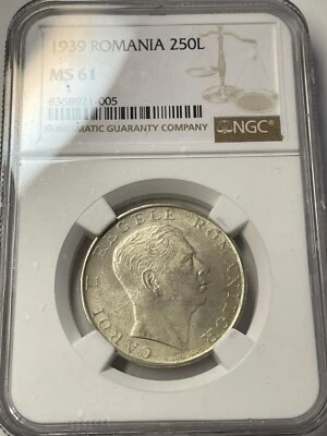 🇷🇴💰Romanian 250 lei King Carol  1939 Silver  (NGC MS61) 🇷🇴💰 - Image 1 of 3