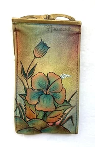 Anuschka Double Eyeglass Case Leather Hand Painted Butterly Rose Daffodil Gold - Picture 1 of 9