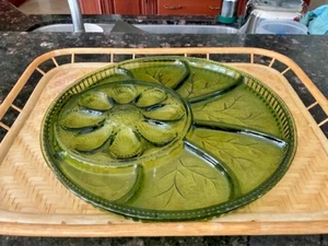 Vintage Indiana Olive Green Glass Tree Of Life Deviled Egg Relish Tray/Plate 13" - Picture 1 of 5