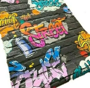 Graffiti Black Brick Wall Wallpaper Muriva Cartoon Faux Childrens Teens L17901 - Picture 1 of 5