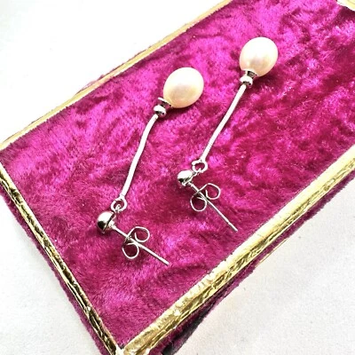 PEARL Sterling Silver Chain Natural Dangle Dangler Drop Elegant Earrings 925 - Image 1 of 3