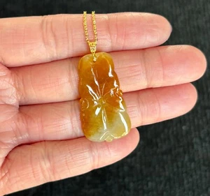 Icy Yellow Lotus Leaf Jadeite Jade Pendant 18K Gold Buckle, 100% Untreated - Picture 1 of 10