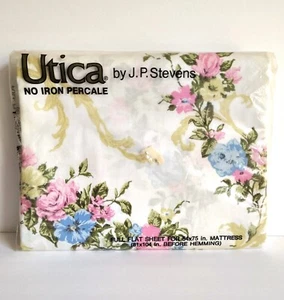 Vintage Utica J.P. Stevens komplettes flaches Blatt rosa blau Landhaus Blumen Perkal neu aus altem Lagerbestand - Bild 1 von 7