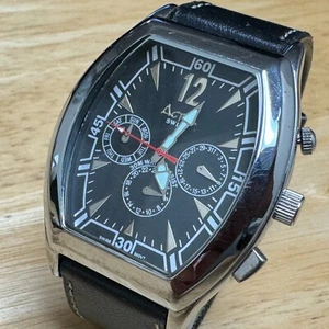 Activa Swiss Quartz Watch Men Silver Black Barrel Leather Day Date New Battery - Picture 1 of 6