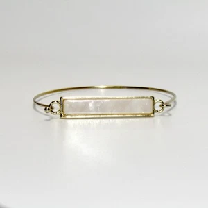 Gold Tone And White Faux Mother Of Pearl Bar Bracelet Cuff Bangle 7” - Picture 1 of 10