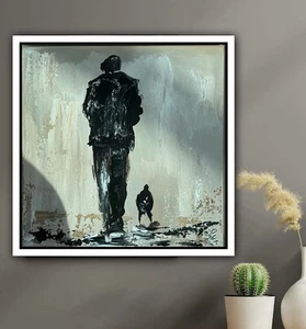 Framed Original Abstract Oil Painting On Canvas 33x33cm Man With A Dog Pals Oka - Picture 1 of 14