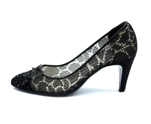 CHANEL CC LOGO DESIGN BLACK LEATHER BOW CAP TOE TWEED HEEL 36 6 $1025 FREE SHIP - Picture 1 of 7