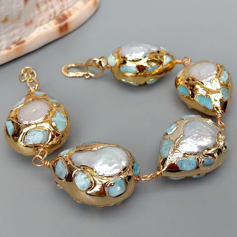 9" Freshwater White Pearl Teardrop Shape Blue larimar Gold Plated Bracelat - Image 1 of 4