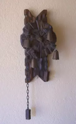 VINTAGE SPANISH REVIVAL DOOR BELL CARVED WOOD PULLEY CHAIN & BRONZE BELLS SPAIN - Image 1 of 4